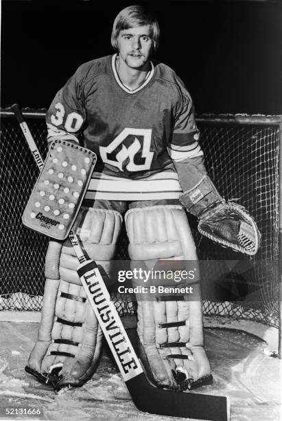 Candian pro hockey player Dan Bouchard, goaltender for the Calgary Flames, poses for a publicity photo, circa 1974.