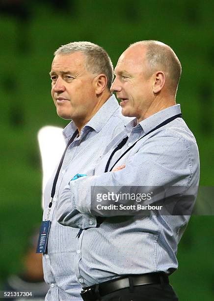 Chris Boyd , coach of the Hurricanes and team manager Tony Ward of the Hurricanes look on during the round eight Super Rugby match between the Rebels...