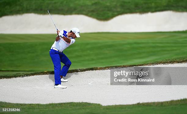 Pablo Larrazabal of Spain plays his third shot on the 17th hole during day two of the Open de Espana at Real Club Valderrama on April 15, 2016 in...