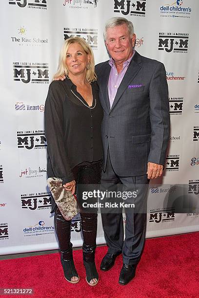 Former Texas Longhorns football coach Mack Brown and wife Sally Brown arrive at the fourth Mack, Jack & McConaughey charity gala at ACL Live on April...