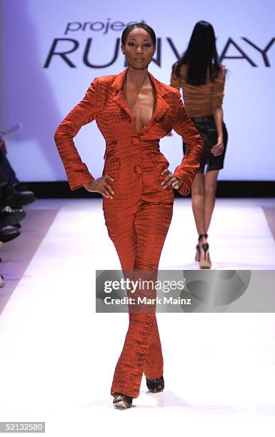 Model walks down the runway for Wendy Pepper at the Project Runway Fall 2005 show during the Olympus Fashion Week at Bryant Park February 4, 2005 in...