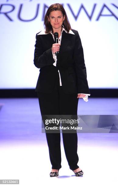 Project Runway designer Wendy Pepper appears on the runway at the Project Runway Fall 2005 show during the Olympus Fashion Week at Bryant Park...