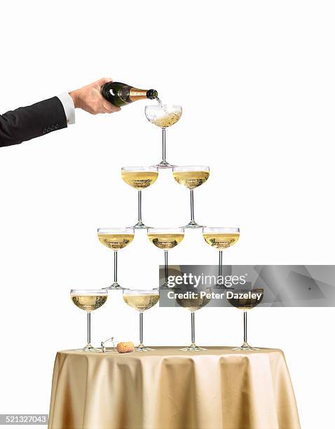 champagne fountain pyramid - champagne flute white background stock pictures, royalty-free photos & images