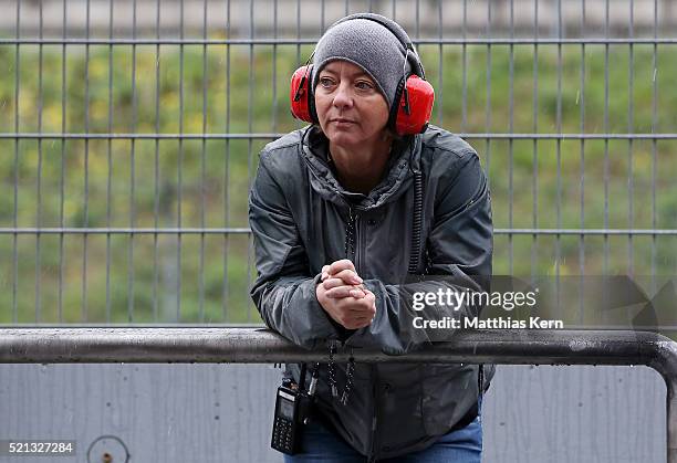 Sabine Kehm, managerin of Mick Schumacher, looks on during the first day of the ADAC Formula Four championship at Motorsport Arena Oschersleben on...