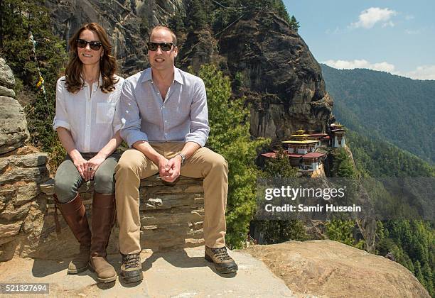 Catherine, Duchess of Cambridge and Prince William, Duke of Cambridge pose together as they hike to Paro Taktsang, the Tiger's Nest monastery on...