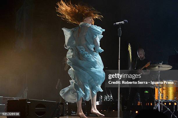 English musician Florence Welch leads the Florence & The Machine in concert at Unipol Arena on April 13, 2016 in Bologna, Italy.