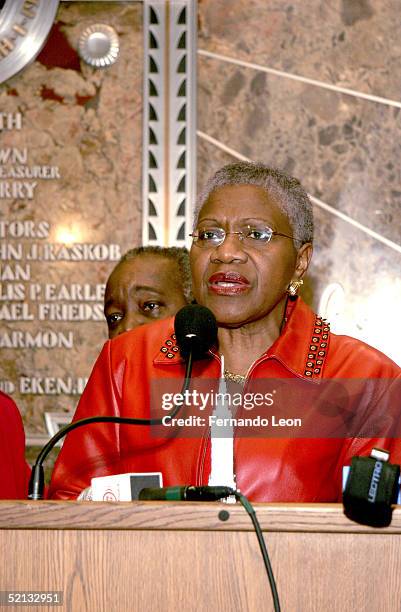 Manhattan borough president Virginia Fields makes a brief statement during the Go Red For Women Day ceremonial lighting switch illumination in the...