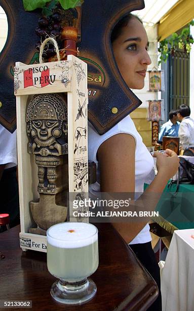 Una promotora de pisco ofrece pisco sours durante la inauguracion de las celebraciones por el "Dia del Pisco Sour", en Lima el 04 de febrero de 2005....