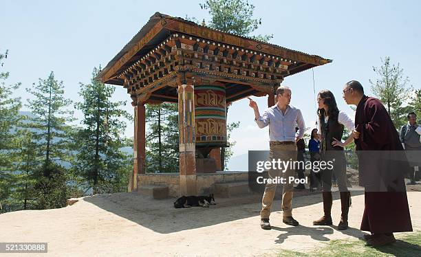 Prince William, Duke of Cambridge and Catherine, Duchess of Cambridge half way on their hike to Paro Taktsang, the Tiger's Nest monastery on April...