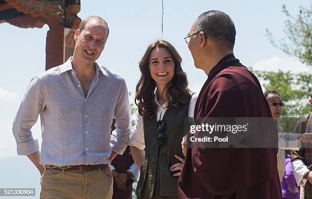 Prince William, Duke of Cambridge and Catherine, Duchess of Cambridge half way on their hike to Paro Taktsang, the Tiger's Nest monastery on April...