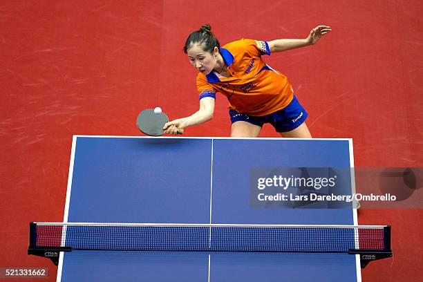 Li Jie, Nederlands during the ITTF-European Olympic Qualification Tournament on April 15, 2016 in Halmstad, Sweden.