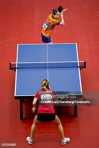 Li Jie, Nederlands during the ITTF-European Olympic Qualification Tournament on April 15, 2016 in Halmstad, Sweden.