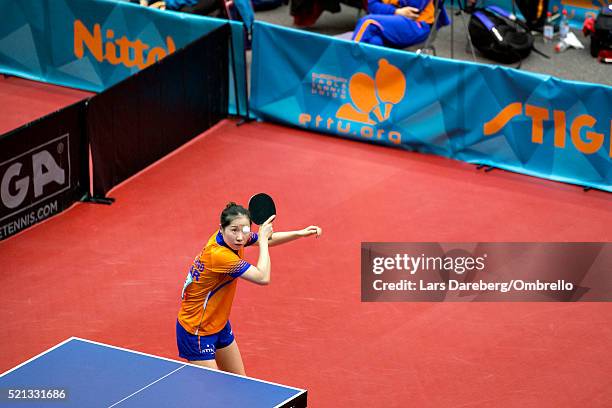 Li Jie, Nederlands during the ITTF-European Olympic Qualification Tournament on April 15, 2016 in Halmstad, Sweden.