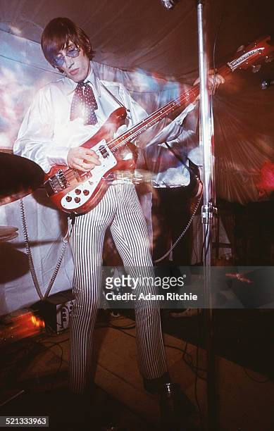Roger Waters of Pink Floyd performs at the Architectural Association student party, London, 16th December 1966. He is playing a Rickenbacker 4001S...