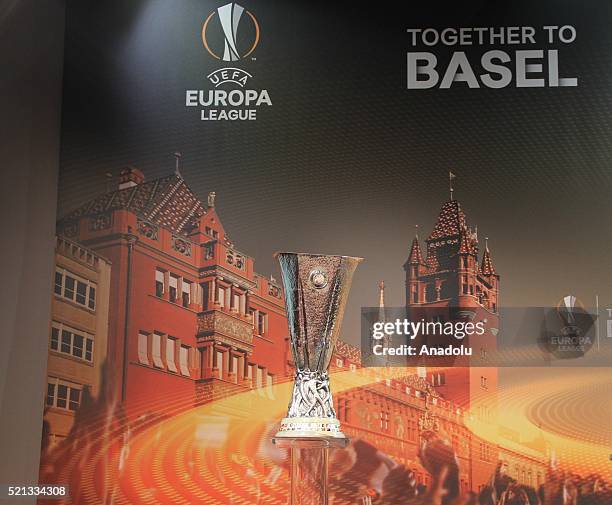 The UEFA Europa League trophy is displayed during the UEFA Champions League semi-final draw at the UEFA headquarters in Nyon, Switzerland on April...