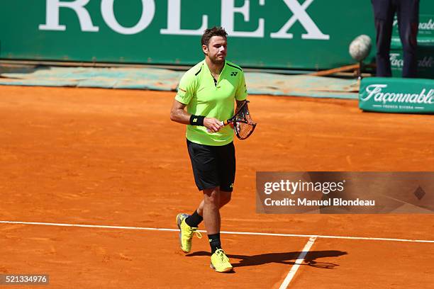 Stanislas Wawrinka of Switzerland breaks his racket during the day six of the Monte Carlo Rolex Masters tennis at Monte Carlo on April 15, 2016 in...