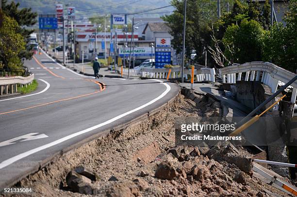 Large crack in the ground is seen a day after the 2016 Kumamoto Earthquake on April 15, 2016 in Mashiki, Kumamoto, Japan. As of April 15 morning, at...