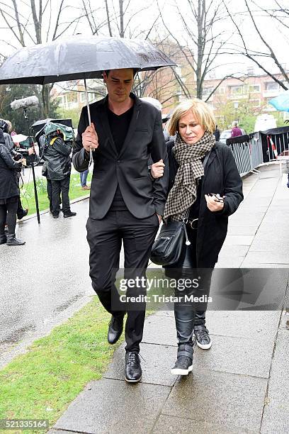 Mary Roos and her son Julian Boehm attend the Roger Cicero Memorial Service on April 15, 2016 in Hamburg, Germany.