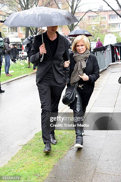 Mary Roos and her son Julian Boehm attend the Roger Cicero Memorial Service on April 15, 2016 in Hamburg, Germany.