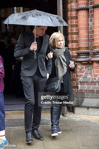 Mary Roos and her son Julian Boehm attend the Roger Cicero Memorial Service on April 15, 2016 in Hamburg, Germany.