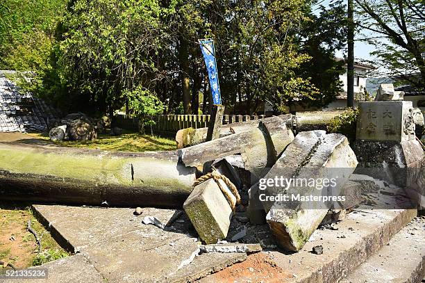 Stone column is seen collapsed a day after the 2016 Kumamoto Earthquake on April 15, 2016 in Mashiki, Kumamoto, Japan. As of April 15 morning, at...