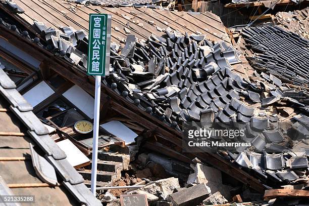 House is seen collapsed a day after the 2016 Kumamoto Earthquake on April 15, 2016 in Mashiki, Kumamoto, Japan. The owner of the house said that the...