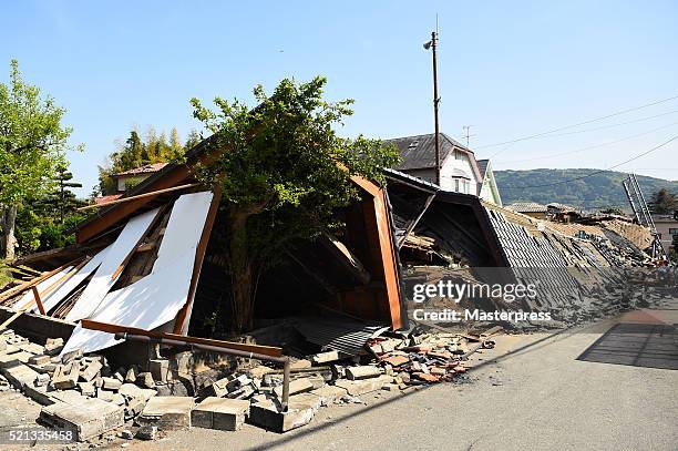 House is seen collapsed a day after the 2016 Kumamoto Earthquake on April 15, 2016 in Mashiki, Kumamoto, Japan. As of April 15 morning, at least nine...