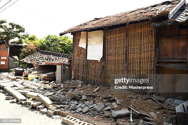 House is seen collapsed a day after the 2016 Kumamoto Earthquake on April 15, 2016 in Mashiki, Kumamoto, Japan. As of April 15 morning, at least nine...