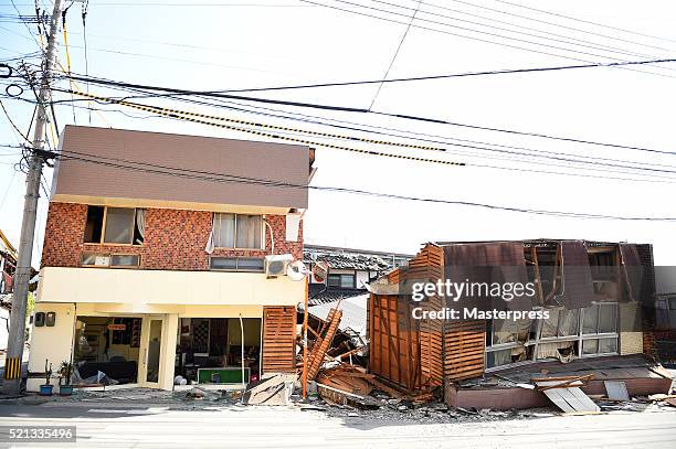 The houses are seen damaged after the 2016 Kumamoto Earthquake on April 15, 2016 in Mashiki, Kumamoto, Japan. As of April 15 morning, at least nine...