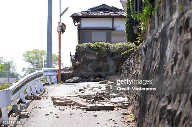 Damaged wall is seen a day after the 2016 Kumamoto Earthquake on April 15, 2016 in Mashiki, Kumamoto, Japan. As of April 15 morning, at least nine...