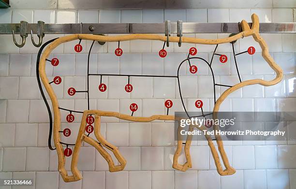 beef cuts diagram, panzano, italy. - butcher stock pictures, royalty-free photos & images
