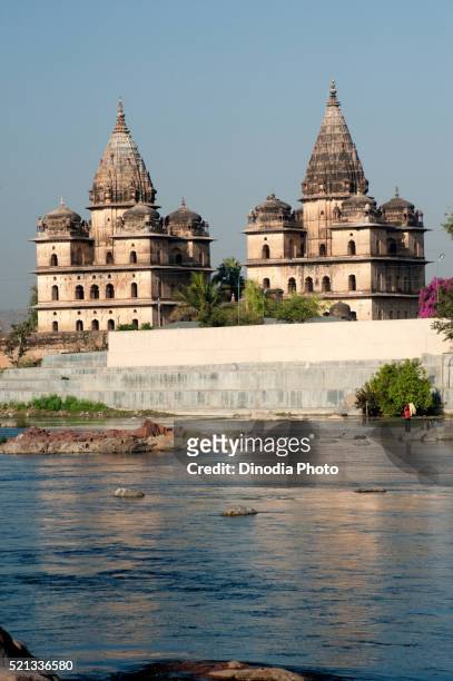 cenotaphs on bank of betwa river, orchha, tikamgarh, madhya pradesh, india - orchha stock-fotos und bilder