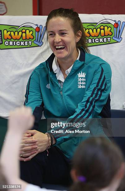 Lydia Greenway of England withtakes part in a Q&A session with children from Houghton Primary School during a media event to coincide with the launch...