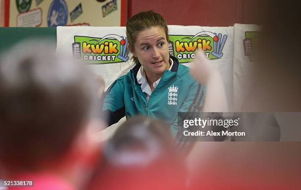 Lydia Greenway of England withtakes part in a Q&A session with children from Houghton Primary School during a media event to coincide with the launch...