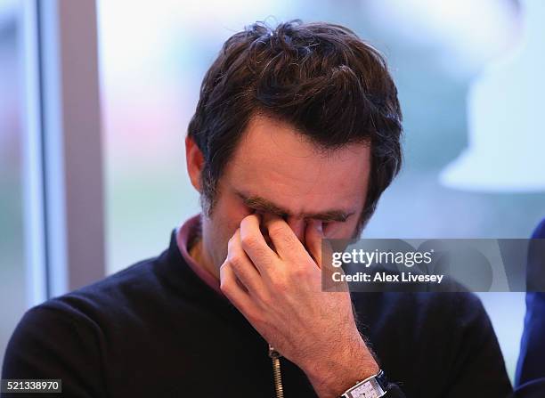 Ronnie O'Sullivan faces the media during a press conference ahead of the start of the 2016 Betfred World Snooker Championship at the Crucible Theatre...