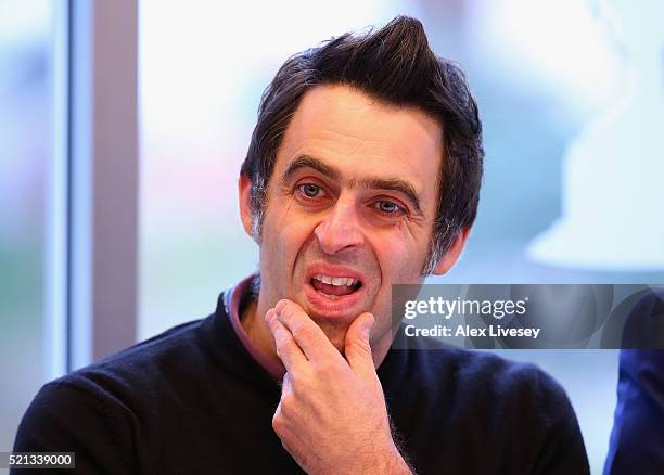 Ronnie O'Sullivan faces the media during a press conference ahead of the start of the 2016 Betfred World Snooker Championship at the Crucible Theatre...