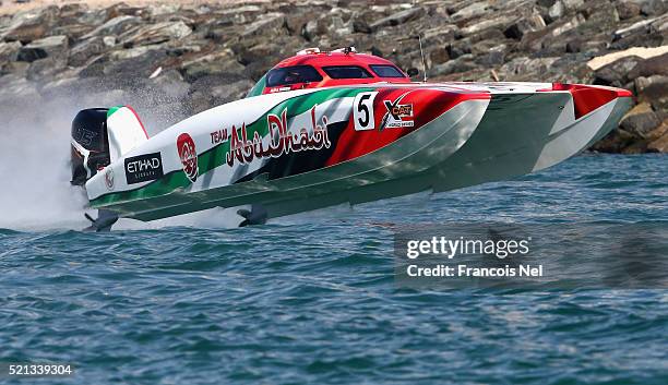 Rashed Al Tayer and Faleh Al Mansoori of Abu Dhabi Team 5 race during the Dubai Grand Prix - the Second round of the UIM World Series where 14 boats...