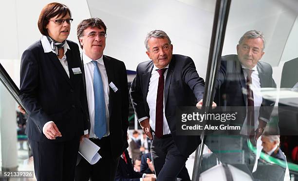 Former DFB President Wolfgang Niersbach and UEFA Secretary General Theodore Theodoridis arrive for the extraordinary DFB Bundestag at Congress Center...