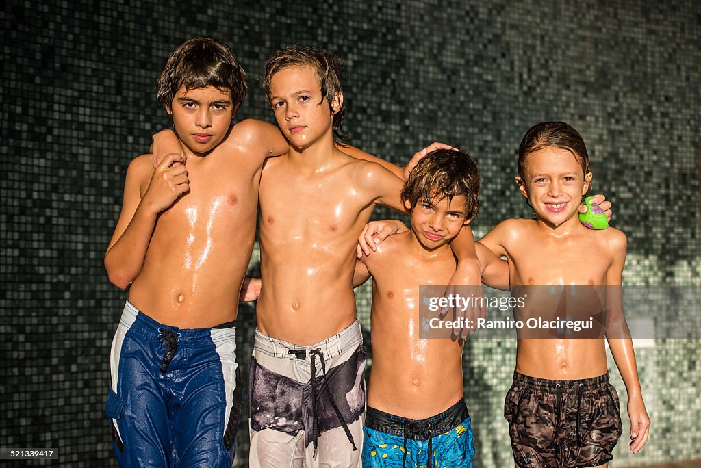 Tough friends on a swimming pool