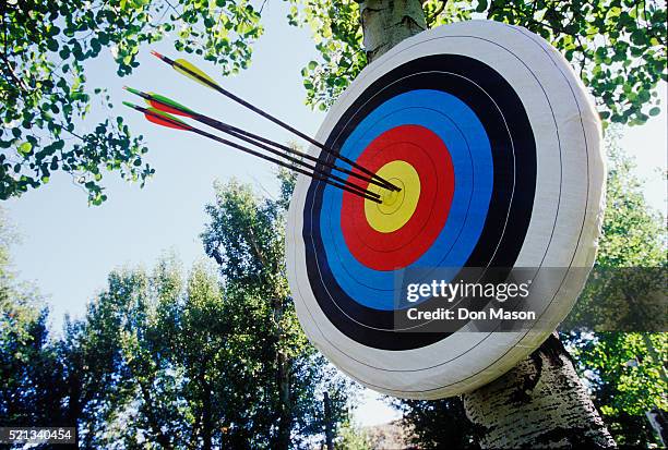 archery target with arrows in bull's eye - zielscheibe stock-fotos und bilder