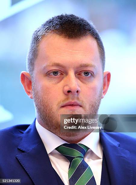 Mark Allen faces the media during a press conference ahead of the start of the 2016 Betfred World Snooker Championship at the Crucible Theatre on...