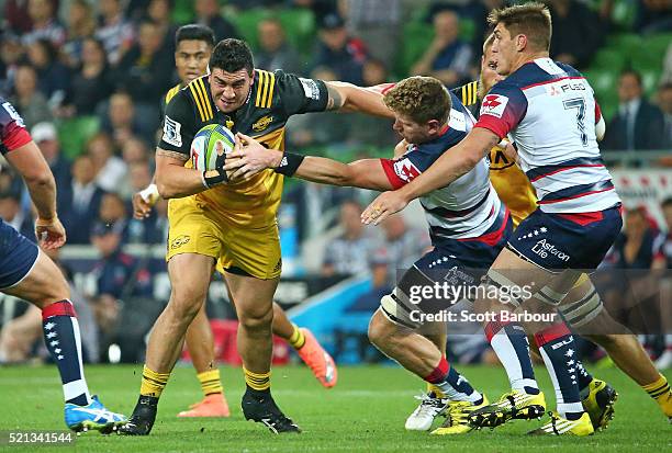 Jeff Toomaga-Allen of the Hurricanes runs with the ball during the round eight Super Rugby match between the Rebels and the Hurricanes at AAMI Park...