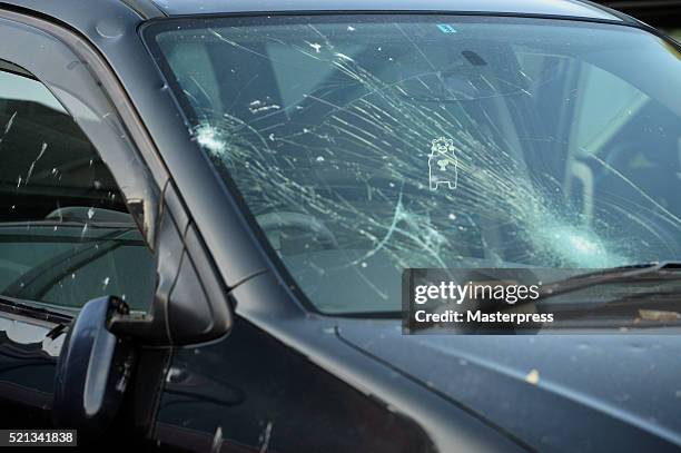 The Kumamoto prefecture mascot Kumamon is seen behind the shattered front glass a day after the 2016 Kumamoto Earthquake at the Mashiki Town Hall on...