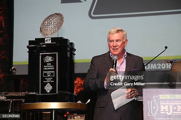 Mack Brown speaks onstage during the 4th annual Mack, Jack & McConaughey Gala at ACL Live on April 14, 2016 in Austin, Texas.