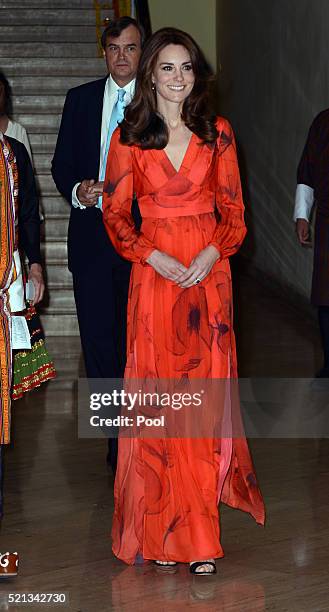 Catherine, Duchess of Cambridge attends a reception celebrating UK and Bhutanese friendship and cooperation at the Taj Hotel on April 15, 2016 in...