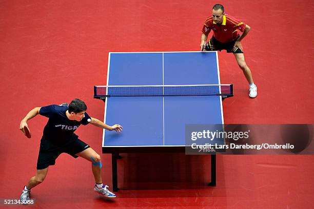 Carlos Machado, Spain and Benedek Olah, Finland during the ITTF-European Olympic Qualification Tournament on April 15, 2016 in Halmstad, Sweden.