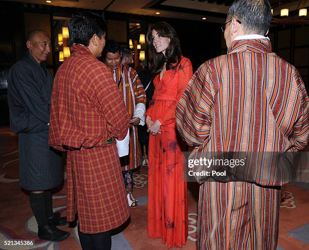 Catherine, Duchess of Cambridge attends a reception celebrating UK and Bhutanese friendship and cooperation at the Taj Hotel on April 15, 2016 in...