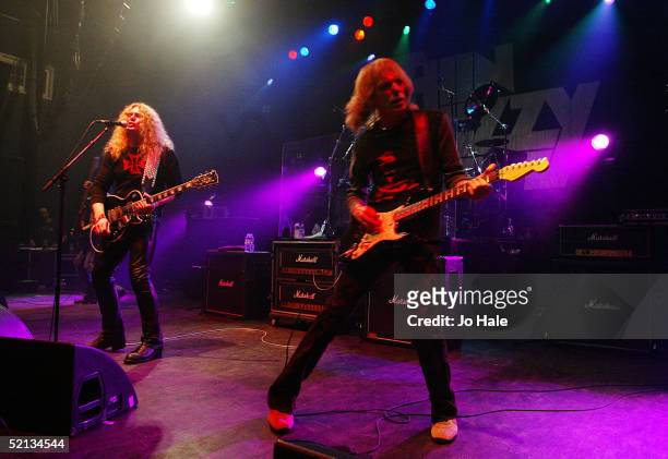 John Sykes original guitarist and Scott Gorham vocalist of rock band Thin Lizzy performs on stage during London date of their UK tour, at the...