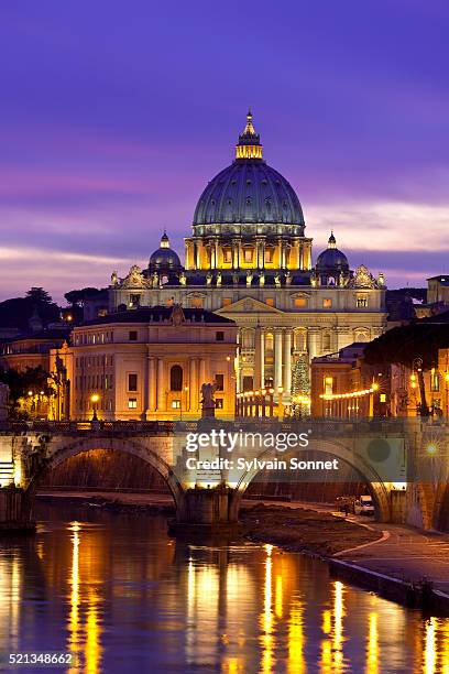 st. peter's basilica at night - basílica de san pedro fotografías e imágenes de stock
