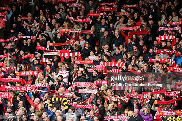 Liverpool fans sing 'You'll Never Walk Alone' during a memorial service to mark the 27th anniversary of the Hillsborough disaster, at Anfield stadium...